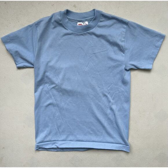 Vintage Single Stitch T Shirt Blue Plain Basics Short Sleeve Youth Medium 10 USA - Picture 1 of 8